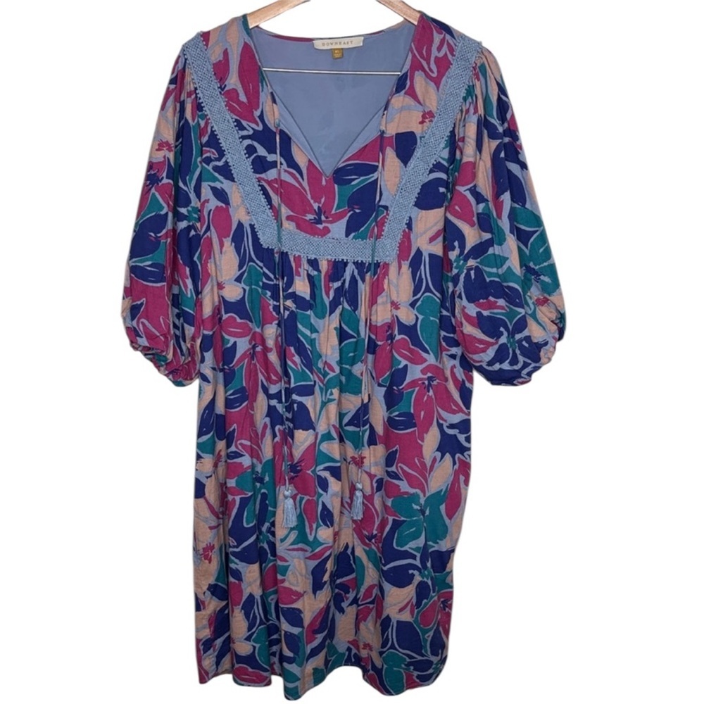 Downeast Blue Floral Puffed Sleeve Lace Trim Midi Dress Women Size XL BLEMISH